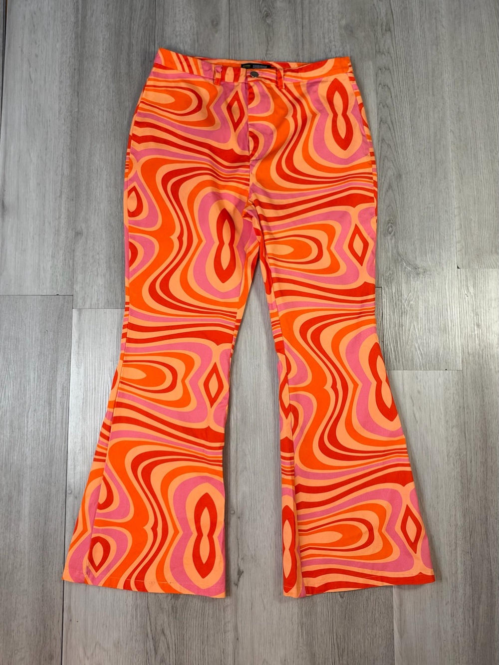 Finesse Retro Disco Abstract Orange Pink Swirl Flared Twill Pants L 32x31